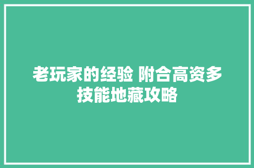 老玩家的经验 附合高资多技能地藏攻略